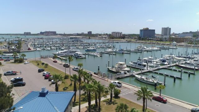 Aerial of Corpus Christie shoreline  with boats and yachts docked