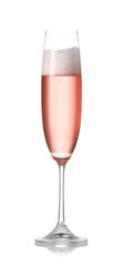 Glass of tasty champagne on white background