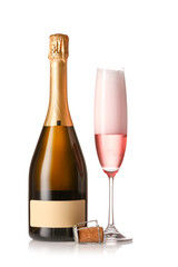 Bottle and glass of tasty champagne on white background