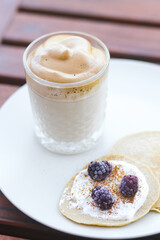 Dalgona coffee with raspberry yogurt pancakes