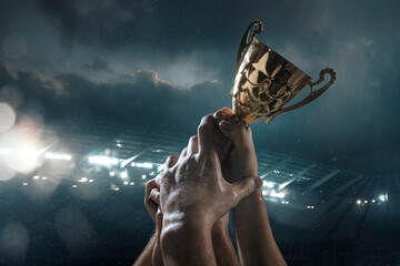 Hard work. Award of victory, male hands tightening the golden cup of winners against cloudy dark...