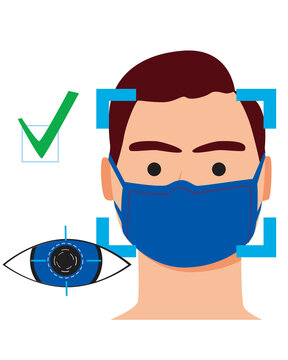 Recognition of the face and eyes of a man in a medical mask, saying stock vector illustration as a concept of identifying a person during an epidemic