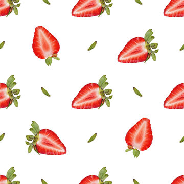 Seamless Pattern With Real Strawberry Fruit Halves On White Background