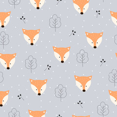Seamless vector pattern of a Fox face in the forest on a grey background. Scandinavian style.