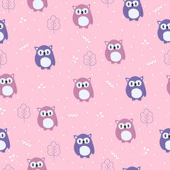 Seamless vector pattern of funny cartoon owl in the forest. Scandinavian style.