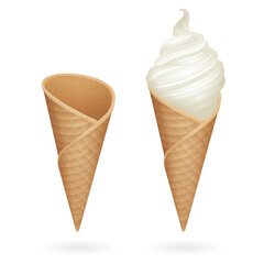 Ice cream and waffle cone realistic vector illustrations set. Part of collection. 