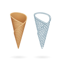 Realistic and hand drawn ice cream waffle cones vector illustrations set. Part of collection. 