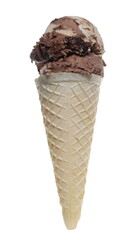 Cone with different flavored ice cream scoops isolated on white background with clipping path