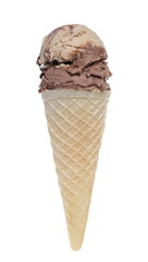 Cone with different flavored ice cream scoops isolated on white background with clipping path