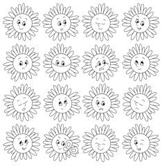 Set of funny flower emoticons with smiling, sad and many other faces of toy characters with different emotions, black and white vector cartoon illustrations on a white background