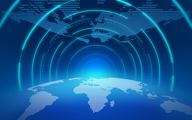Blue digital earth dawn channel, tunnel, internet technology background.
