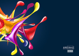 Splashes of ink with colorful drops in abstract shape on dark background