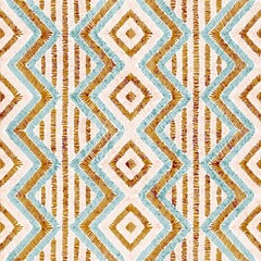 Embroidered seamless geometric pattern. Ornament for the carpet. Ethnic and tribal motifs. Vintage grunge texture. Colorful print of handmade. Vector illustration.