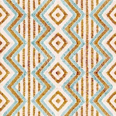 Behang Geborduurd naadloos geometrisch patroon. Ornament voor het tapijt. Etnische en tribale motieven. Uitstekende grungetextuur. Kleurrijke print van handgemaakt. Vector illustratie. © flovie