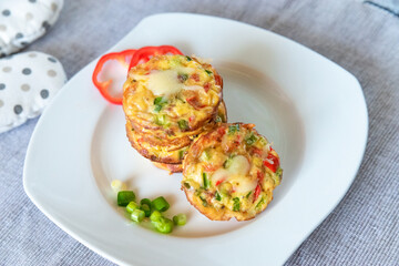 Fresh egg omelet muffins on the white dish. Ideas for healthy breakfast.