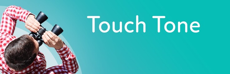Fototapeta premium Touch Tone. Businessman (man) looks through binoculars. Birds eye view. Focus on text. Blue Background. Business, Finance, Statistics, Analysis, Economy