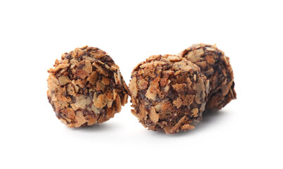 Delicious chocolate candies with waffle crumbles isolated on white