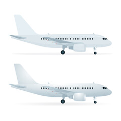 Aircraft side view. Realistic passenger planes vector illustrations set. 