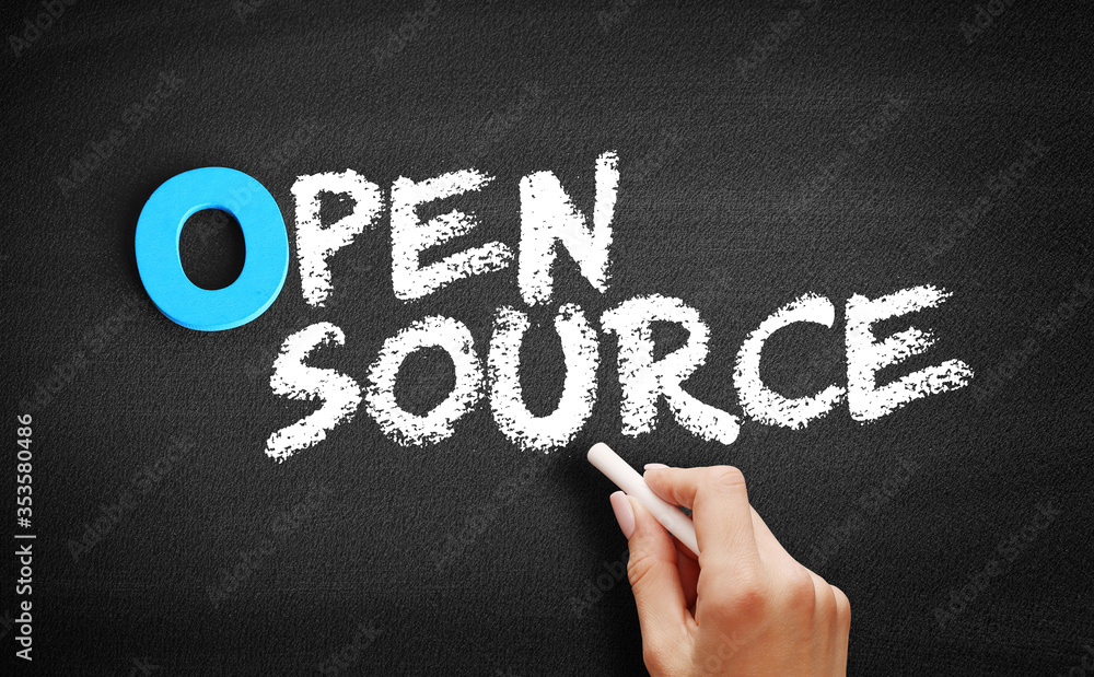 Poster open source text on blackboard, technology concept background