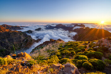 The highest peak of Madeira Pico Ruivo at sunset. Trek to Pico Ruivo z Achada Texada.
