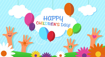 Naklejka na ściany i meble Happy children's day. Vector cartoon illustration. Web banner template. Selebration, world children day. Colorful background. Chuldrens hands and clouds and flowers. Be happy. Child protection day