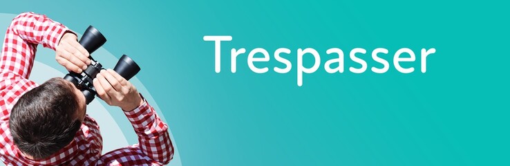 Naklejka premium Trespasser. Businessman (man) looks through binoculars. Birds eye view. Focus on text. Blue Background. Business, Finance, Statistics, Analysis, Economy