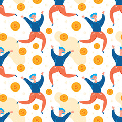 Man player jumping with coins. Winner. Positive happy mood, energy. Flying money. Computer game, gambling, stream, blog, vlog. 
Flat hand drawn vector seamless pattern, texture, background.