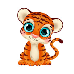 Illustration of a cute cartoon baby tiger isolated on a white background