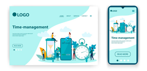 Time-management. Template for the user interface of the website's home page.Landing page template.The adaptive design of the smartphone.vector illustration.