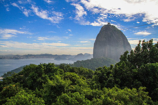 Beautiful city scene with famous Sugarloaf Mountain (Pao de Azucar) and green hills at Rio de Janeiro, Brazil