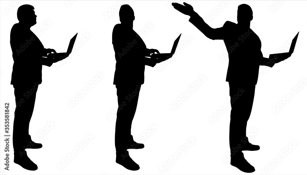 Poster businessmen with laptops. men in business suits stand still and hold open laptops in their hands. wo