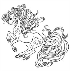 Beautiful horse fabulous. Horse maned vector. Coloring book page. Coloring book for children's creativity. Character cartoon horse with a long mane. Long hair coloring.