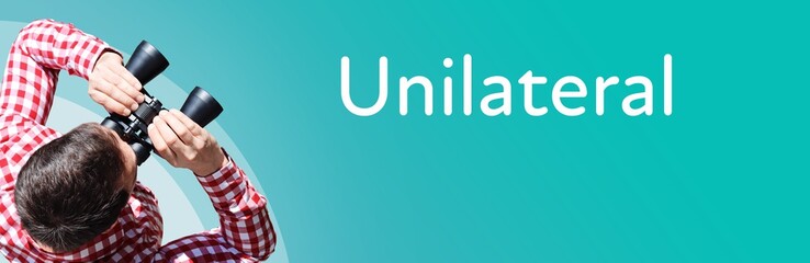 Naklejka premium Unilateral. Businessman (man) looks through binoculars. Birds eye view. Focus on text. Blue Background. Business, Finance, Statistics, Analysis, Economy