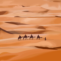 vector illustration of a desert with caravan of camels