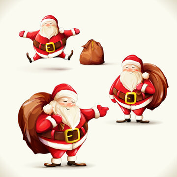 Set of three Santa Claus vector figures isolated on white.  Hand drawn illustration. Collection can be used in design purpose, advertisement, postcard. etc.