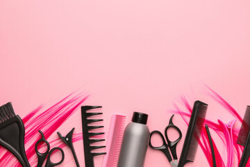 Hairdresser supplies on color background