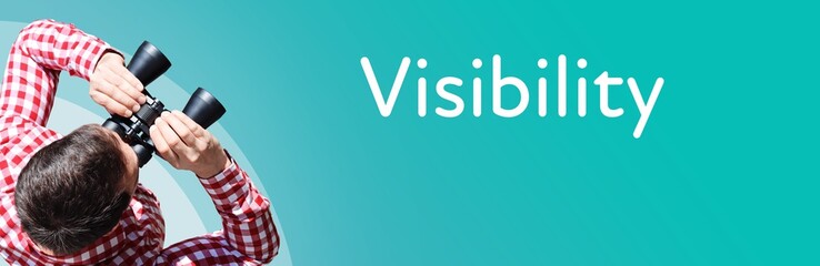 Visibility. Businessman (man) looks through binoculars. Birds eye view. Focus on text. Blue Background. Business, Finance, Statistics, Analysis, Economy - obrazy, fototapety, plakaty