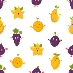 Seamless pattern with funny fruits pear, plum, grape, dragon fruit
