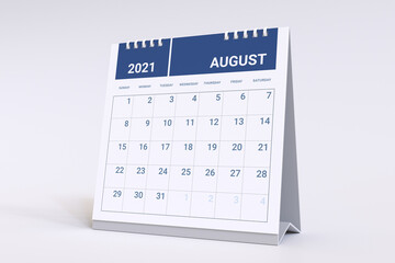 3D Rendering - Calendar for August. 2021 Monthly calendar week starts on sunday.