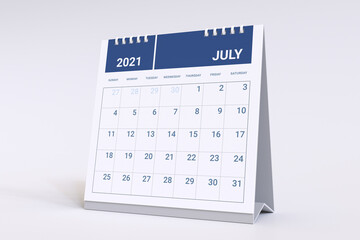 3D Rendering - Calendar for July. 2021 Monthly calendar week starts on sunday.