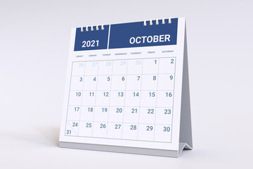 3D Rendering - Calendar for October. 2021 Monthly calendar week starts on sunday.