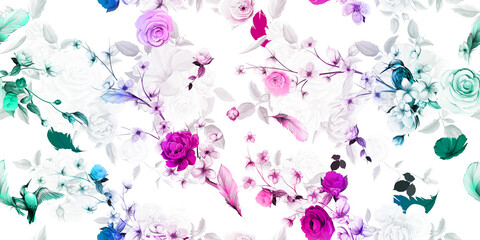 Wide seamless floral background pattern. Sakura branсhes with flowers, peony, leaves and bird. Abstract pattern for textile, fabric and other prints purpose. Hand drawn vector - stock.