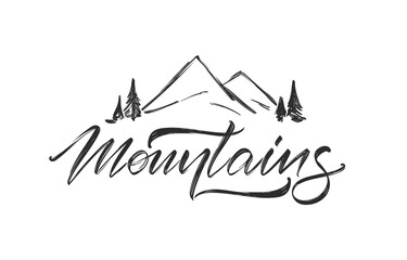 Modern brush lettering of Mountains Adventure with Hand drawn Mountains sketch