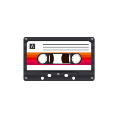 Cassette with retro label as vintage object for 80s revival mix tape design, party poster or cover.