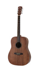 Dark Wooden Acoustic Folk Guitar, Music Instrument Isolated on White background