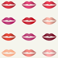 Set of women lips with trendy lipstick colors. Shiny lip gloss: red, pink, violet, purple, beige.