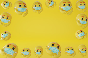 Care emoji ,Yellow Ball Character with Medical Mask,Social Media face emoticon isolate on blue background. 3d Render.