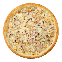 Delicious hot italian Pizza Pepperoni with chicken fillet, mushrooms, red onion, oregano and cheese mozzarella