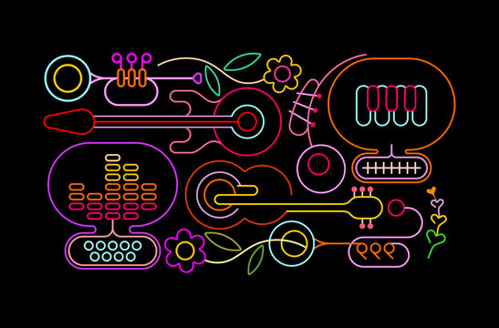 Neon colors isolated on a black background Music and Flowers vector illustration.