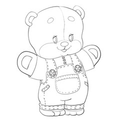 sketch of a little teddy bear in jeans pants, coloring, isolated object on a white background, vector illustration,
